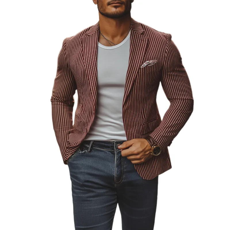 Men's Fashion Spring Summer Retro Casual Slim Striped Single Breasted Blazer 18066233K sold by Manly