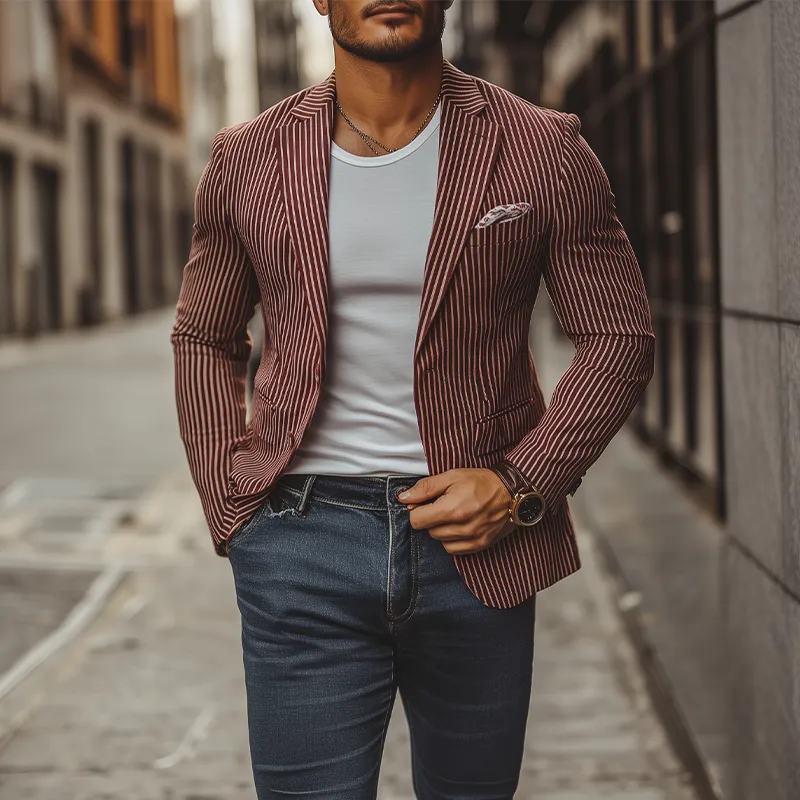 Men's Fashion Spring Summer Retro Casual Slim Striped Single Breasted Blazer 18066233K sold by Manly product image thumbnail 2