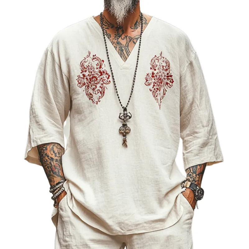 Men's Vintage Casual V-Neck Blended Printed Short Sleeve T-Shirt 09205121F sold by Manly