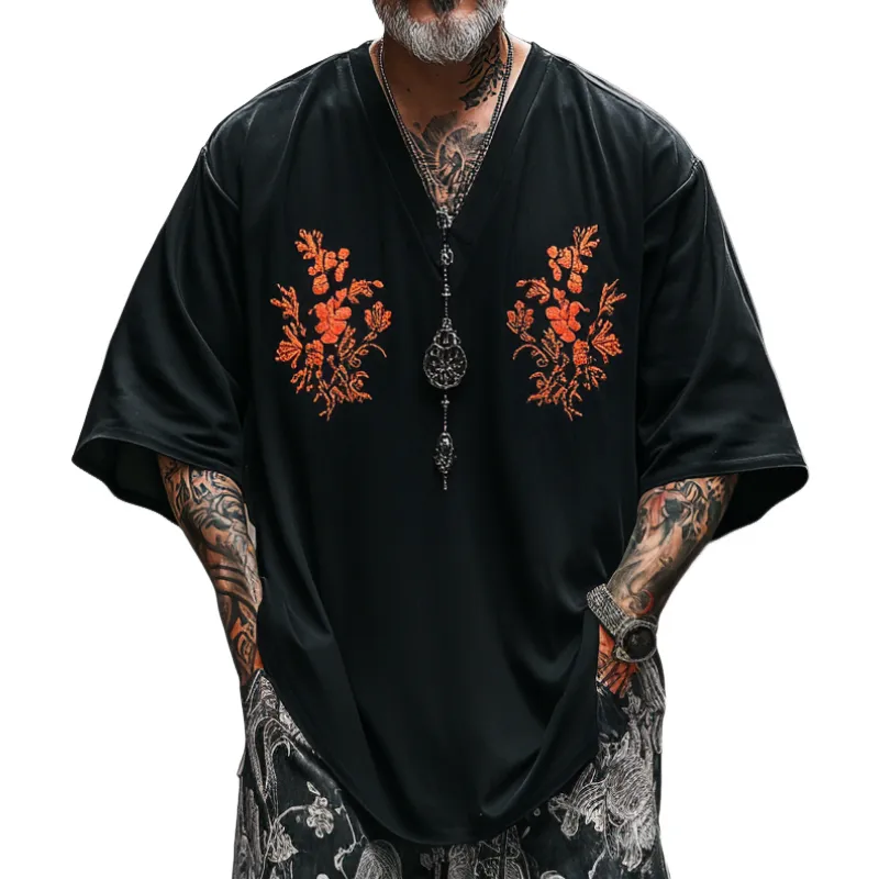 Men's Vintage Casual V-Neck Cotton Blend Embroidered Short Sleeve T-Shirt 31371633F sold by Manly