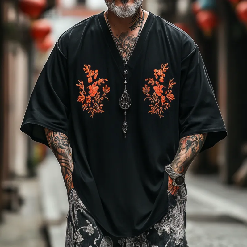 Men's Vintage Casual V-Neck Cotton Blend Embroidered Short Sleeve T-Shirt 31371633F sold by Manly product image thumbnail 2