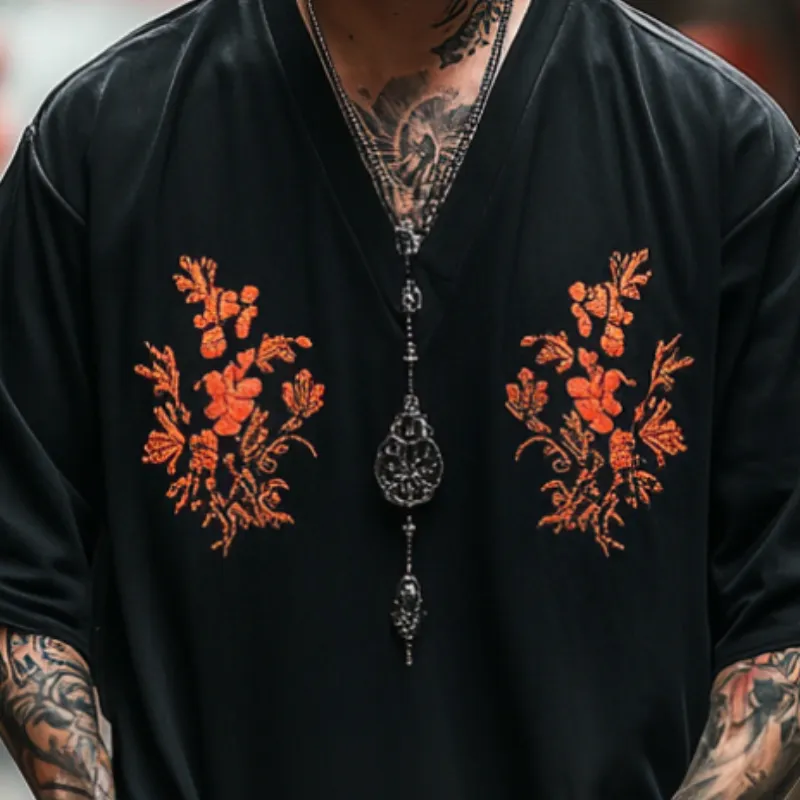 Men's Vintage Casual V-Neck Cotton Blend Embroidered Short Sleeve T-Shirt 31371633F sold by Manly product image thumbnail 3