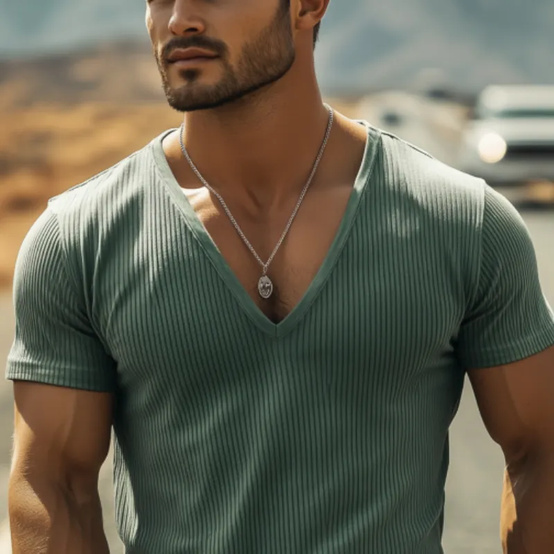 Men's Classic Casual Slim Fit Comfortable Ribbed Fabric Deep V Neck T-shirt 89453248K sold by Manly product image thumbnail 4