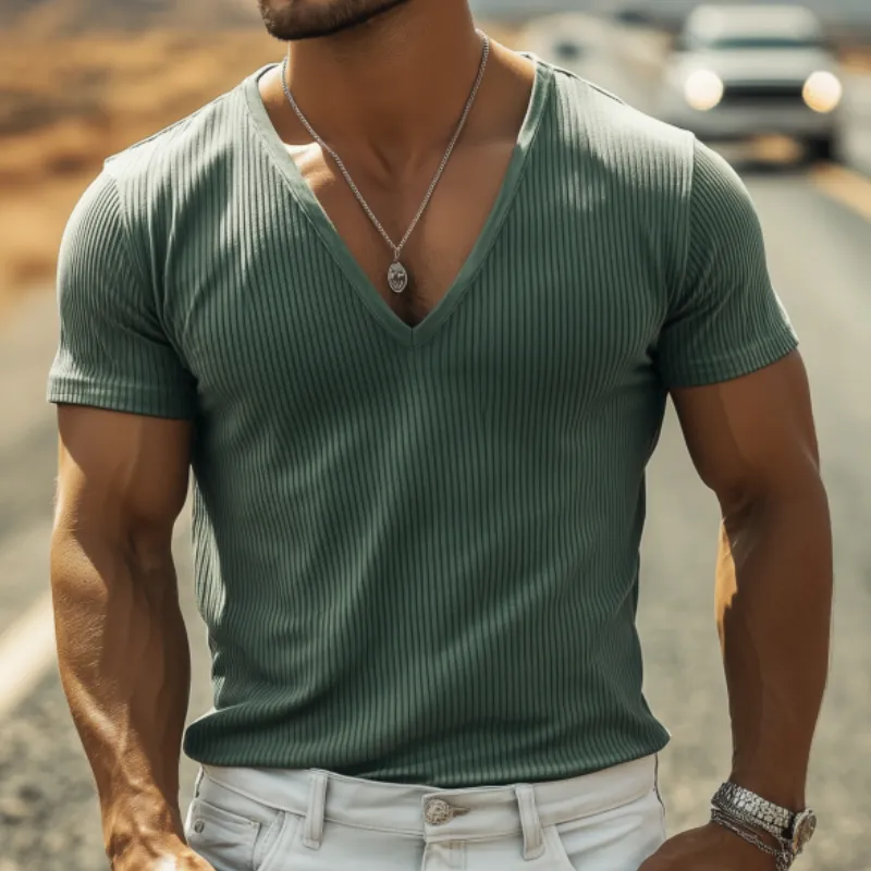 Men's Classic Casual Slim Fit Comfortable Ribbed Fabric Deep V Neck T-shirt 89453248K sold by Manly product image thumbnail 3