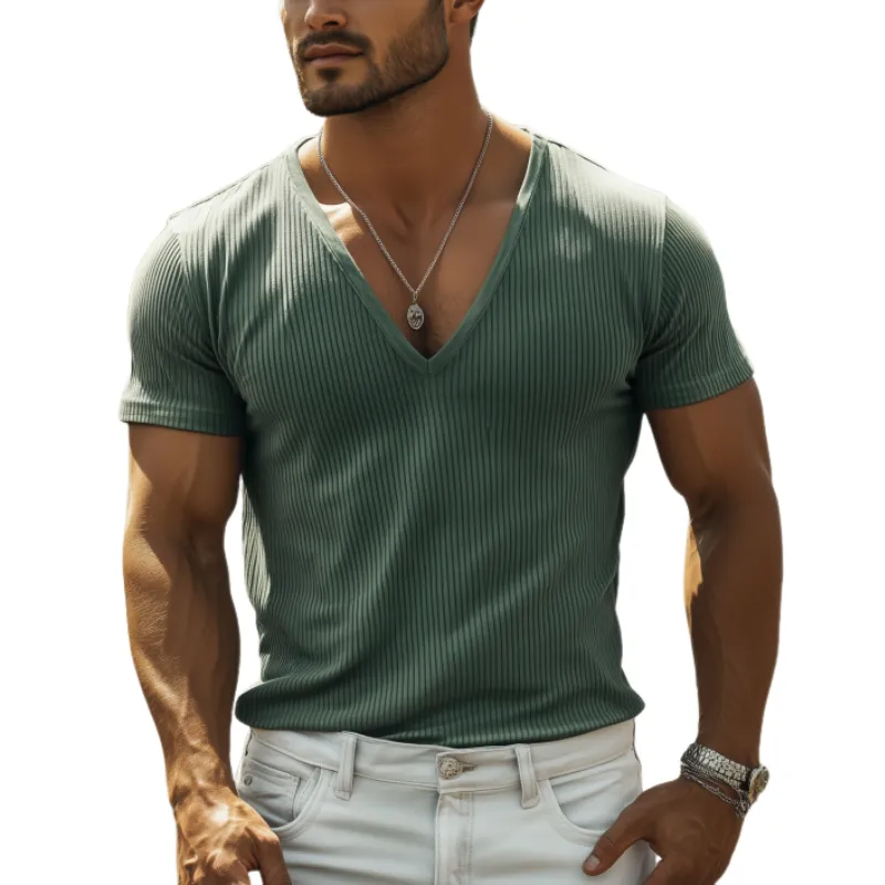 Men's Classic Casual Slim Fit Comfortable Ribbed Fabric Deep V Neck T-shirt 89453248K sold by Manly