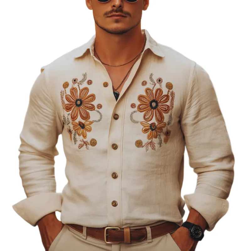 Men's Vintage Casual Cotton and Linen Blend Embroidered Lapel Long-sleeved Shirt 60846420F sold by Manly