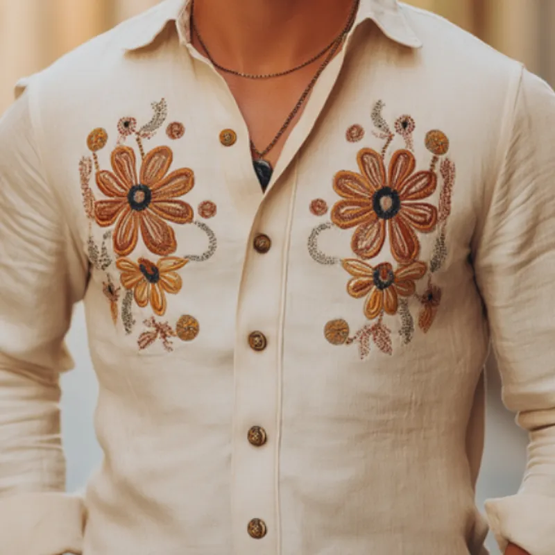 Men's Vintage Casual Cotton and Linen Blend Embroidered Lapel Long-sleeved Shirt 60846420F sold by Manly product image thumbnail 3