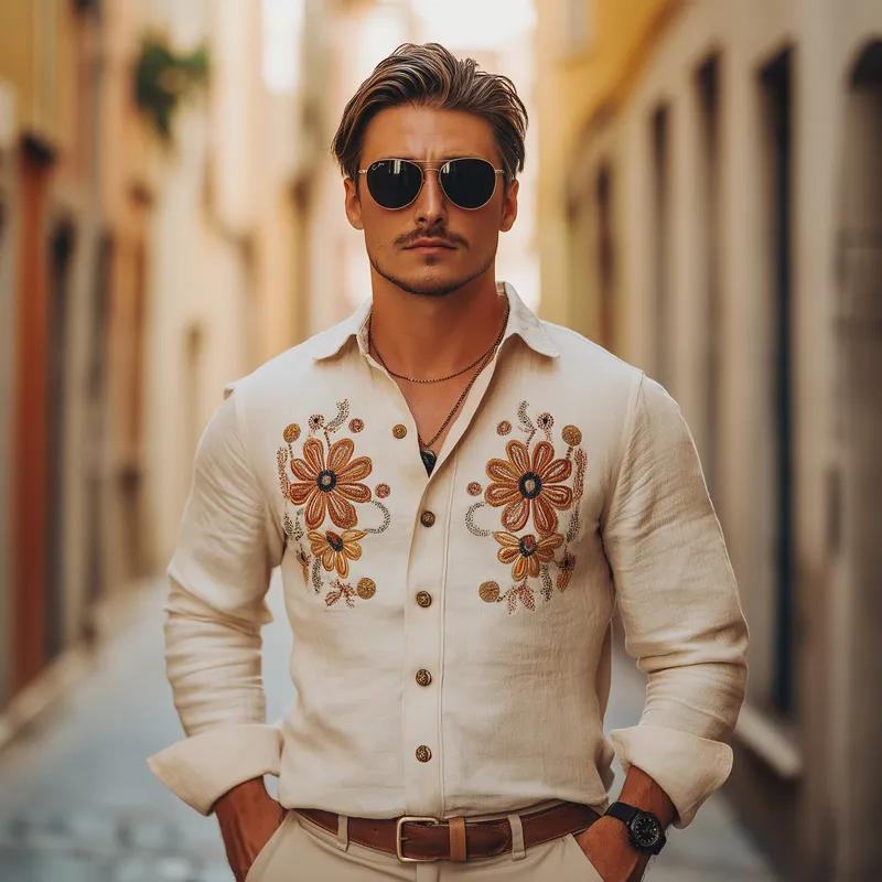 Men's Vintage Casual Cotton and Linen Blend Embroidered Lapel Long-sleeved Shirt 60846420F sold by Manly product image thumbnail 2