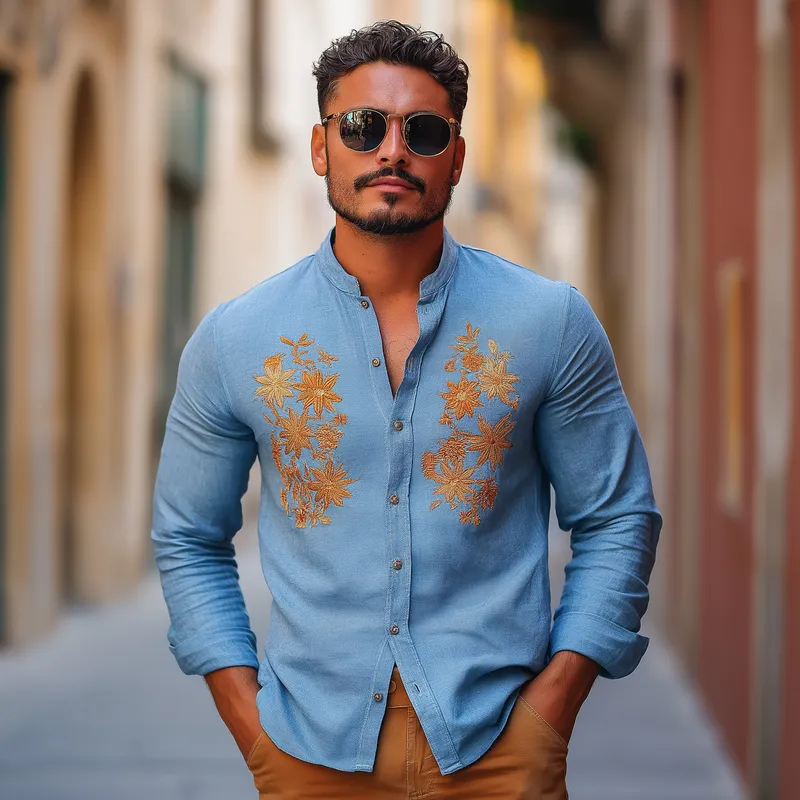 Men's Vintage Casual Cotton and Linen Blend Embroidered Collarless Long-sleeved Shirt 98540542F sold by Manly product image thumbnail 2