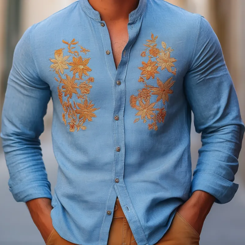 Men's Vintage Casual Cotton and Linen Blend Embroidered Collarless Long-sleeved Shirt 98540542F sold by Manly product image thumbnail 3