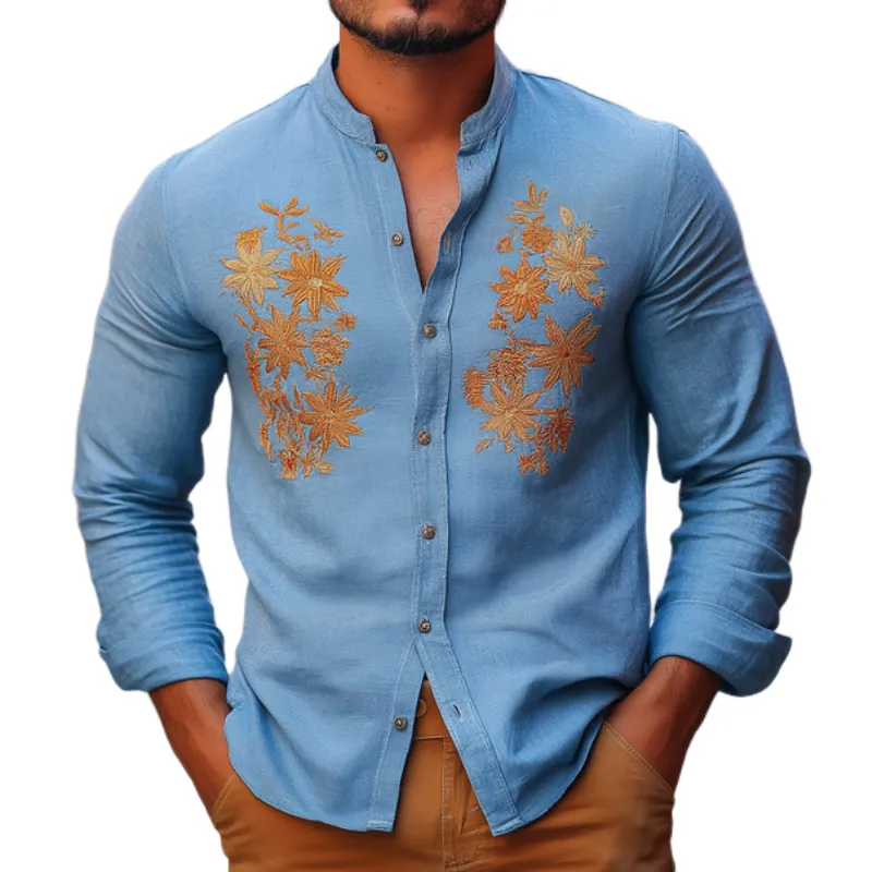 Men's Vintage Casual Cotton and Linen Blend Embroidered Collarless Long-sleeved Shirt 98540542F sold by Manly