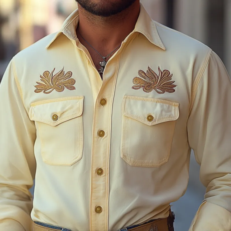 Men's Vintage Casual Cotton and Linen Blend Embroidered Lapel Long-sleeved Shirt 41476628F sold by Manly product image thumbnail 3