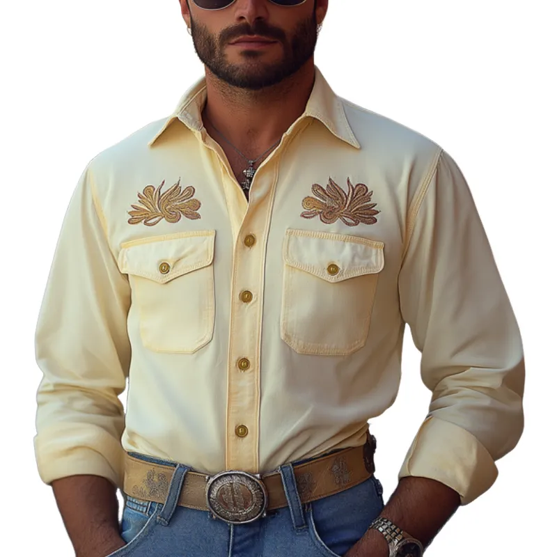 Men's Vintage Casual Cotton and Linen Blend Embroidered Lapel Long-sleeved Shirt 41476628F sold by Manly