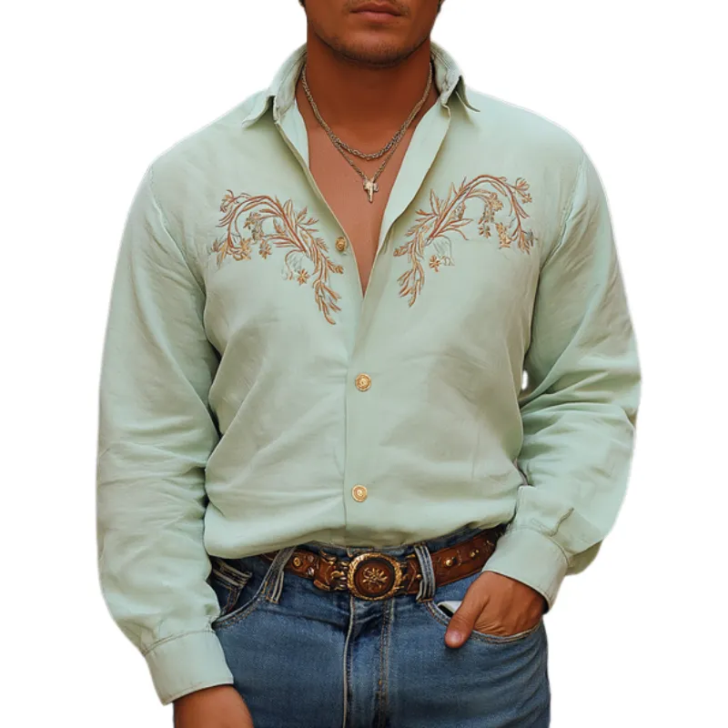 Men's Vintage Casual Cotton and Linen Blend Embroidered Lapel Long-sleeved Shirt 79763296F sold by Manly