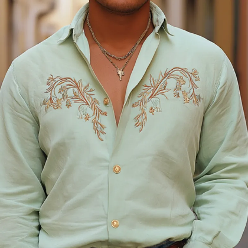 Men's Vintage Casual Cotton and Linen Blend Embroidered Lapel Long-sleeved Shirt 79763296F sold by Manly product image thumbnail 3