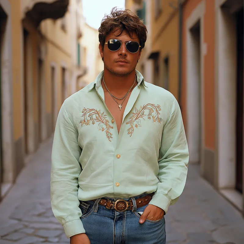 Men's Vintage Casual Cotton and Linen Blend Embroidered Lapel Long-sleeved Shirt 79763296F sold by Manly product image thumbnail 2