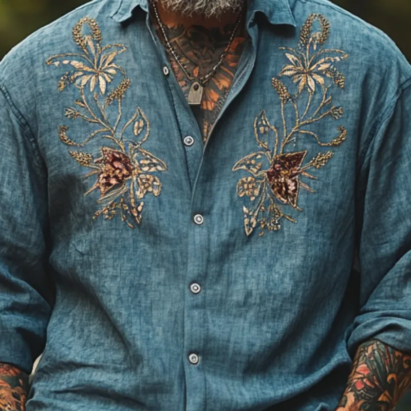 Men's Vintage Casual Lapel Cotton Blend Embroidered Long Sleeve Shirt 98198328F sold by Manly product image thumbnail 3