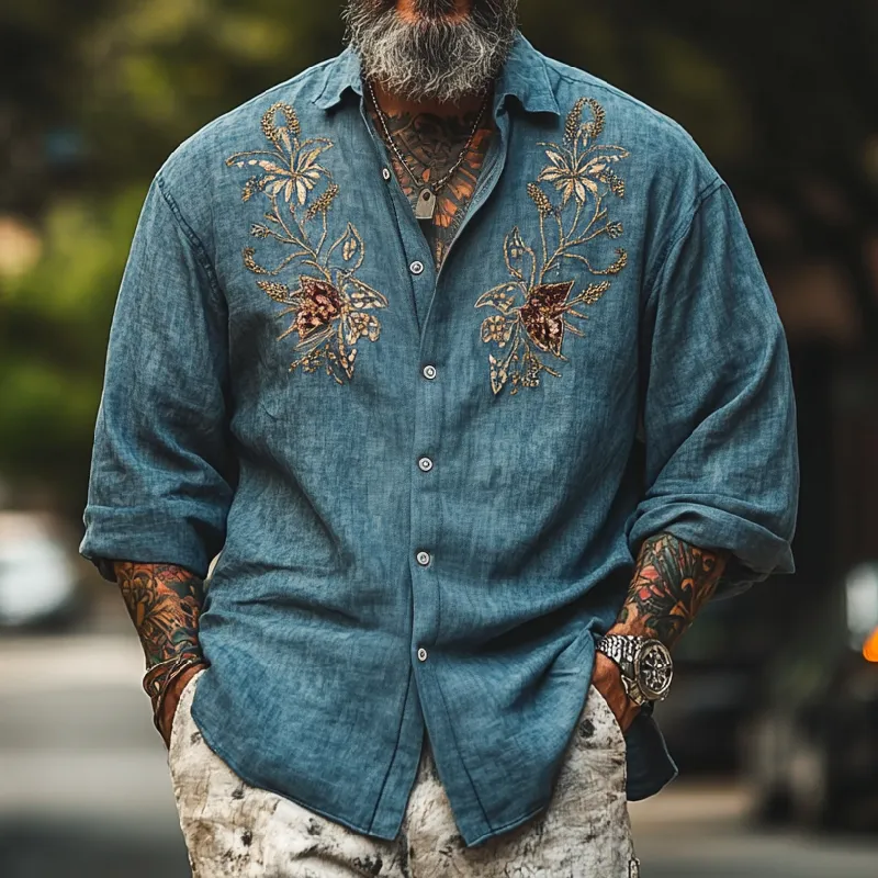 Men's Vintage Casual Lapel Cotton Blend Embroidered Long Sleeve Shirt 98198328F sold by Manly product image thumbnail 2