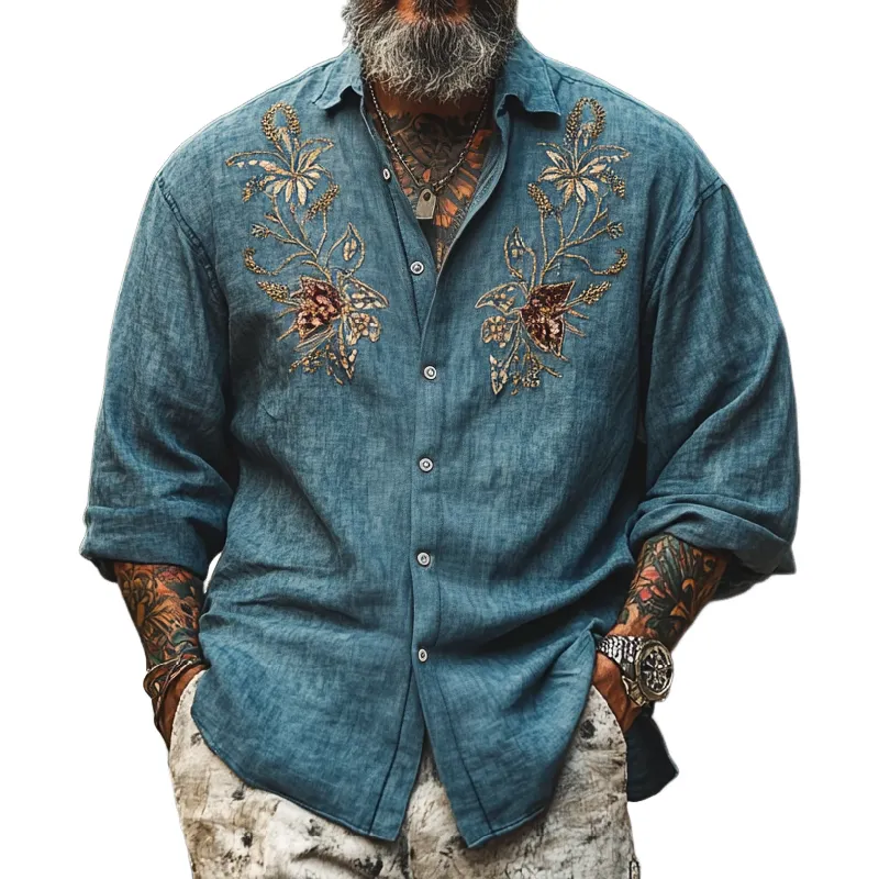 Men's Vintage Casual Lapel Cotton Blend Embroidered Long Sleeve Shirt 98198328F sold by Manly