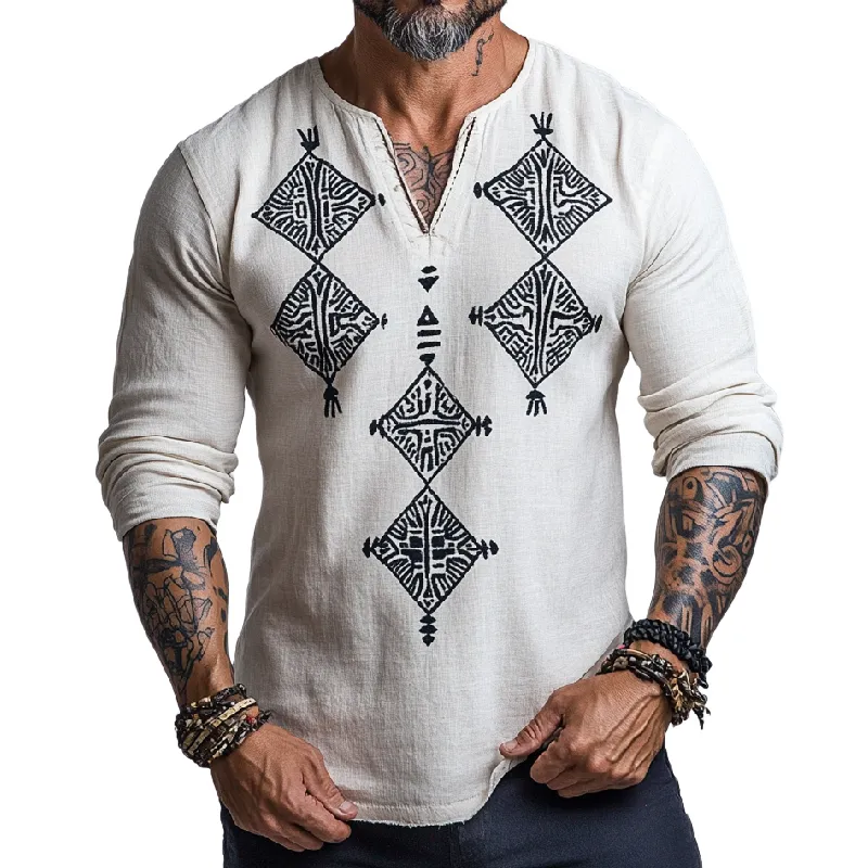 Men's Casual All-match V-neck Cotton and Linen Printed Long-sleeved T-shirt 48994672F sold by Manly