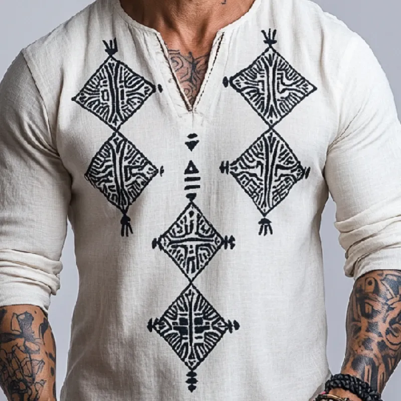 Men's Casual All-match V-neck Cotton and Linen Printed Long-sleeved T-shirt 48994672F sold by Manly product image thumbnail 3