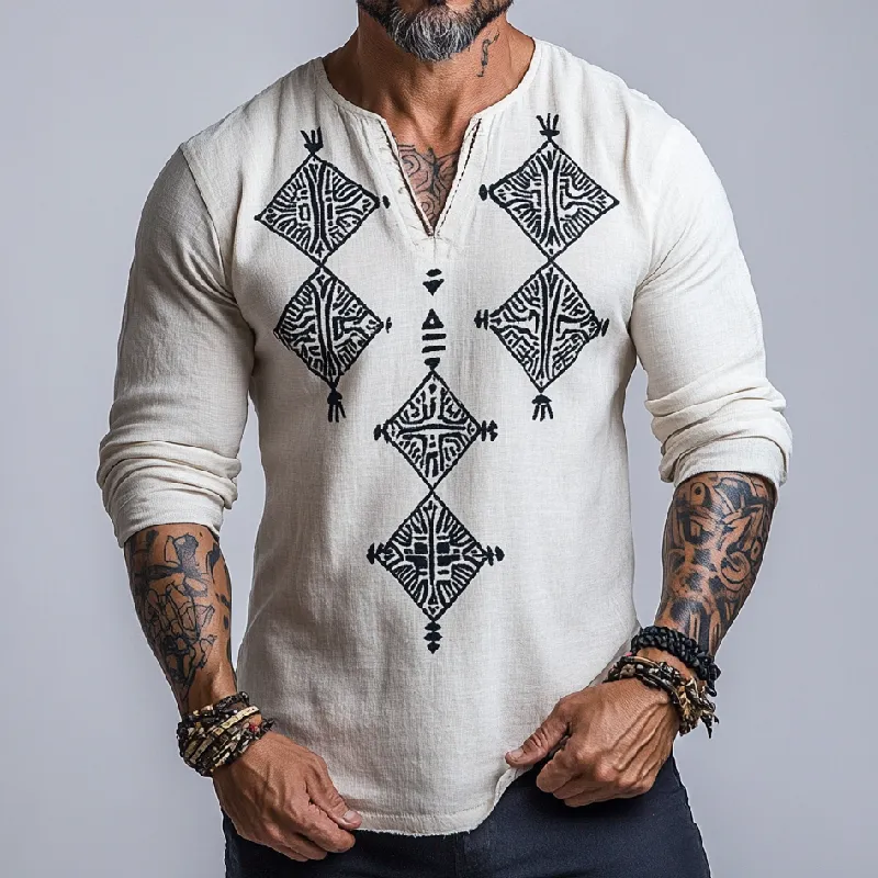Men's Casual All-match V-neck Cotton and Linen Printed Long-sleeved T-shirt 48994672F sold by Manly product image thumbnail 2