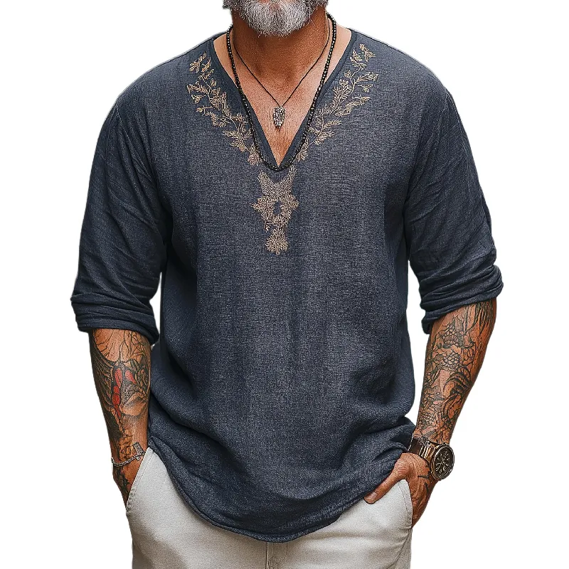 Men's Vintage Casual V-Neck Cotton Blend Embroidered Long Sleeve T-Shirt 20118787F sold by Manly