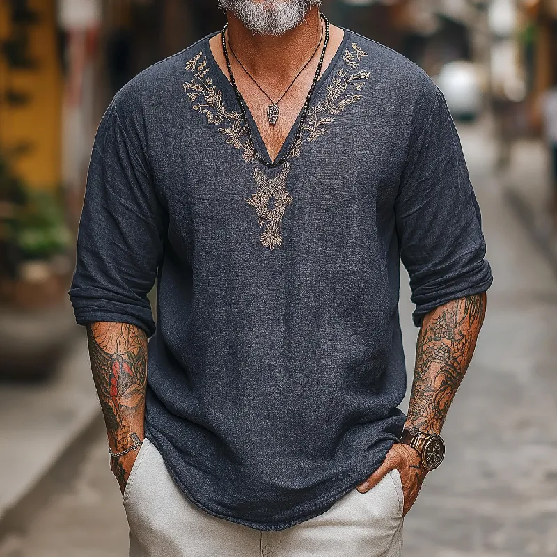 Men's Vintage Casual V-Neck Cotton Blend Embroidered Long Sleeve T-Shirt 20118787F sold by Manly product image thumbnail 2