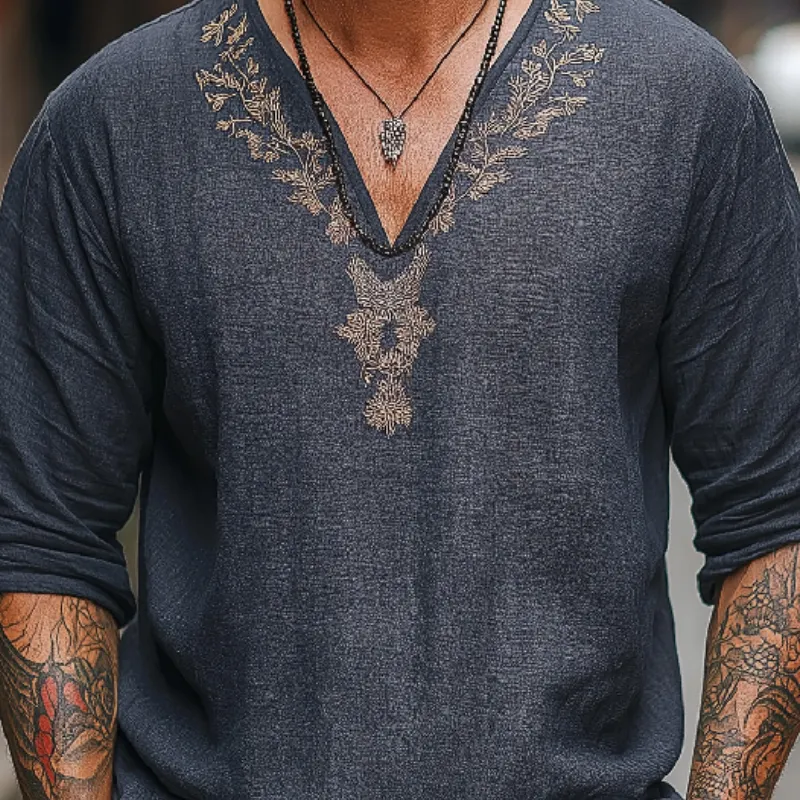 Men's Vintage Casual V-Neck Cotton Blend Embroidered Long Sleeve T-Shirt 20118787F sold by Manly product image thumbnail 3