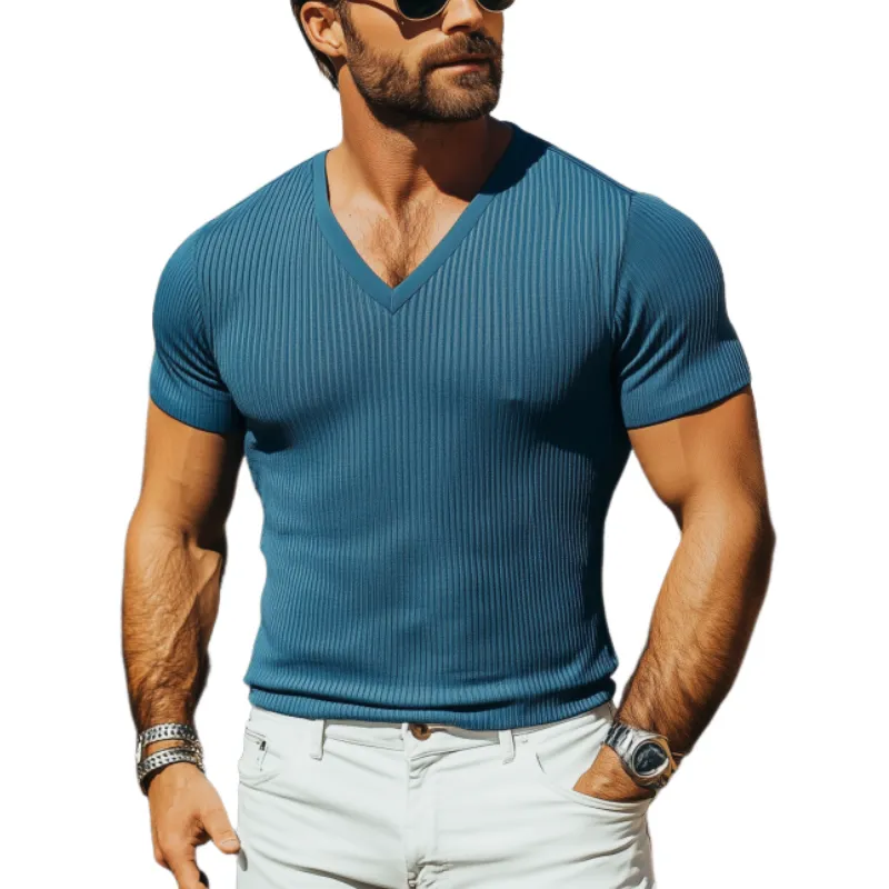 Men's Casual V-neck Slim Fit Solid Color Ribbed Short-sleeved T-shirt 07479764K sold by Manly