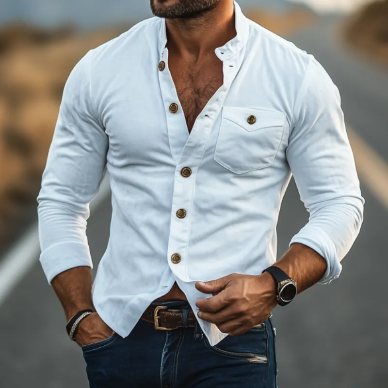 Men's Classic American Retro Slim-fit Solid Color Velvet Long-sleeved Shirt 65744643K sold by Manly product image thumbnail 3