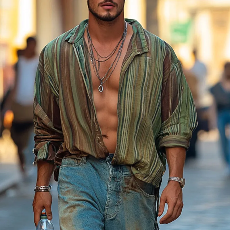 Men's Retro Vertical Stripe Print Long Sleeve Shirt 02258854U sold by Manly product image thumbnail 2