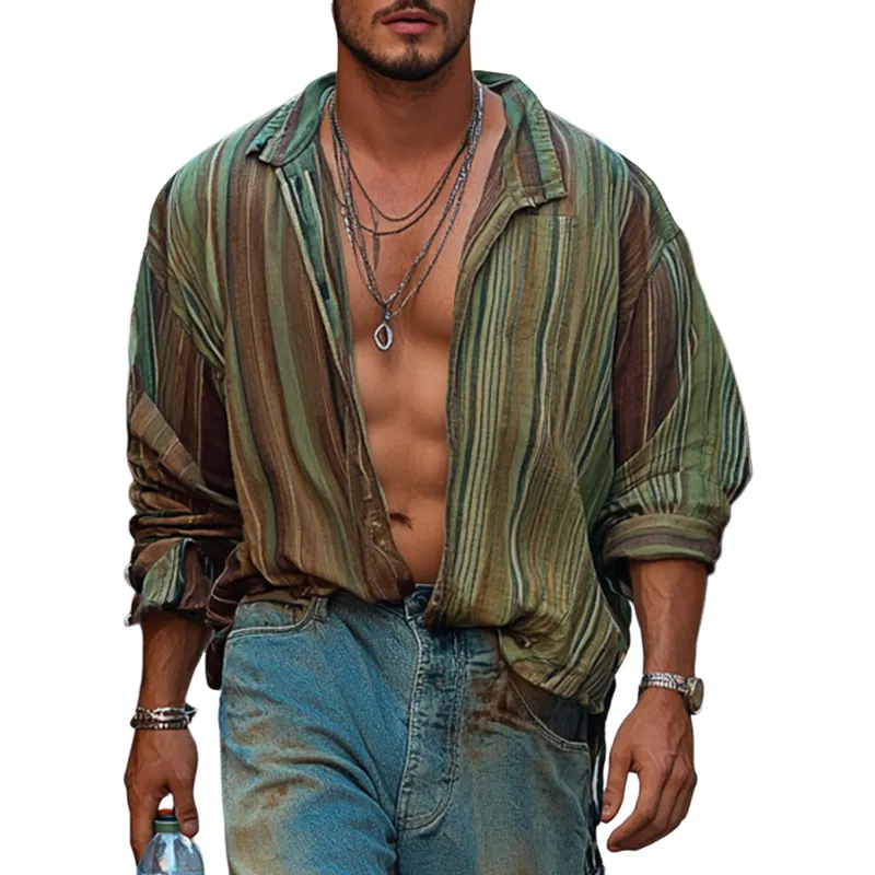 Men's Retro Vertical Stripe Print Long Sleeve Shirt 02258854U sold by Manly