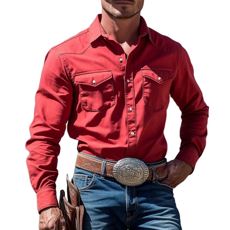 Men's Vintage Red Western Denim Long Sleeve Shirt 65528778U sold by Manly