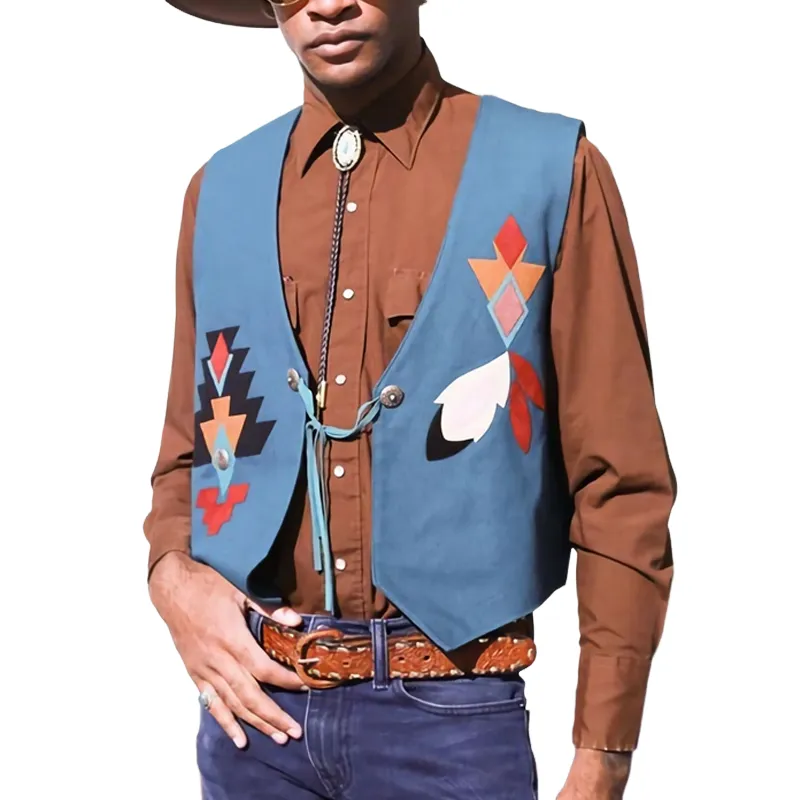 Men's Vintage Western Blue Embroidered Lace-Up Vest 44486997U sold by Manly