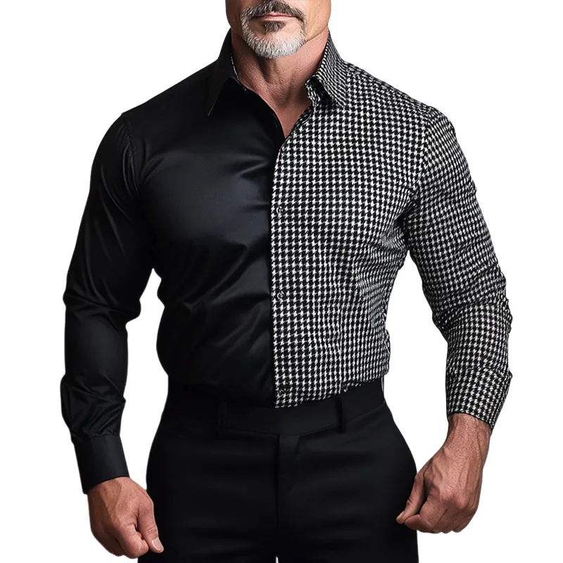 Men's Retro Casual Houndstooth Colorblock Print Lapel Long Sleeve Shirt 64736397TO sold by Manly
