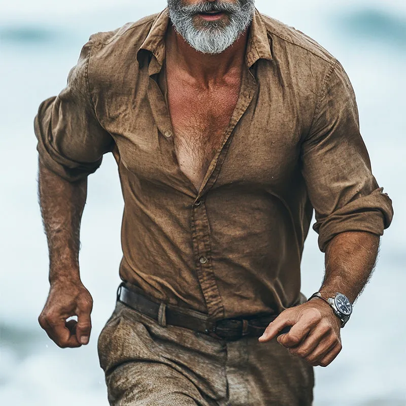 Men's Retro Casual Trend Printed Linen Lapel Long Sleeve Shirt 98021261TO sold by Manly product image thumbnail 2