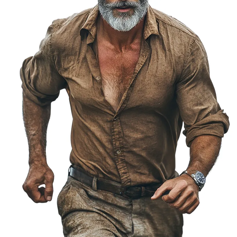 Men's Retro Casual Trend Printed Linen Lapel Long Sleeve Shirt 98021261TO sold by Manly