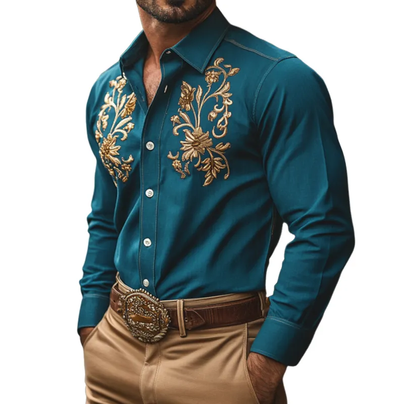 Men's Vintage Casual Embroidered Western Cowboy Pocket Lapel Long Sleeve Shirt 91595090TO sold by Manly