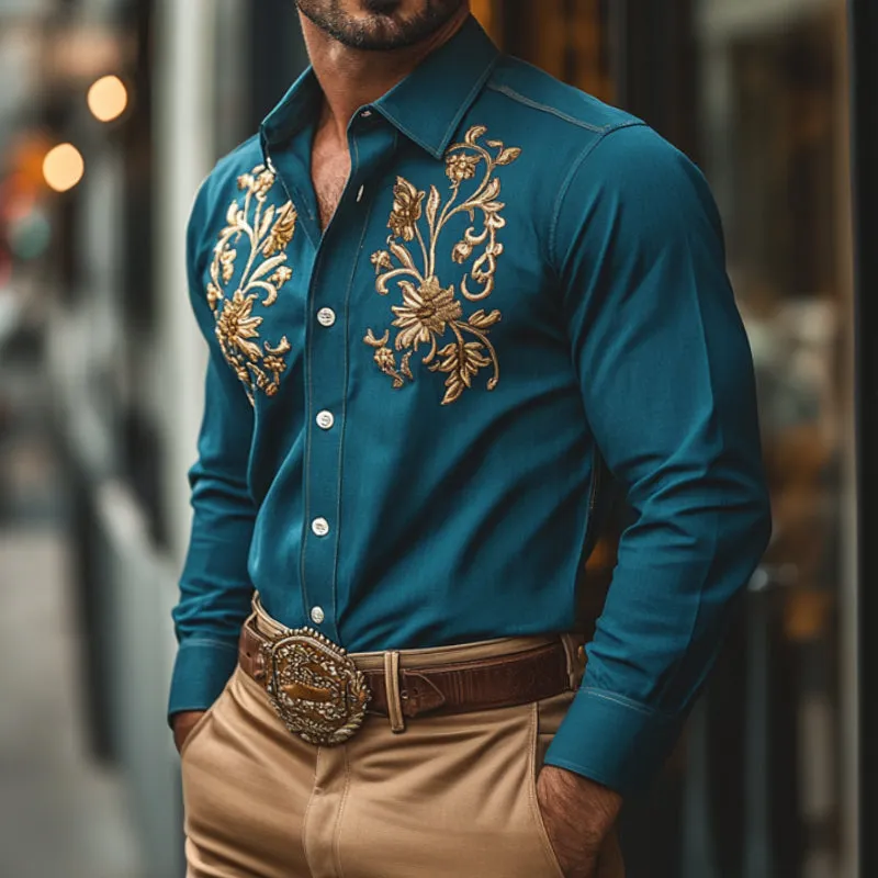 Men's Vintage Casual Embroidered Western Cowboy Pocket Lapel Long Sleeve Shirt 91595090TO sold by Manly product image thumbnail 2