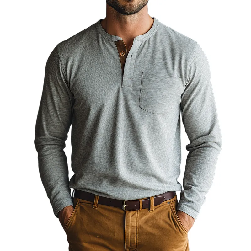 Men's Vintage Casual Polyester Henley Collar Pocket Long Sleeve T-Shirt 02119935TO sold by Manly