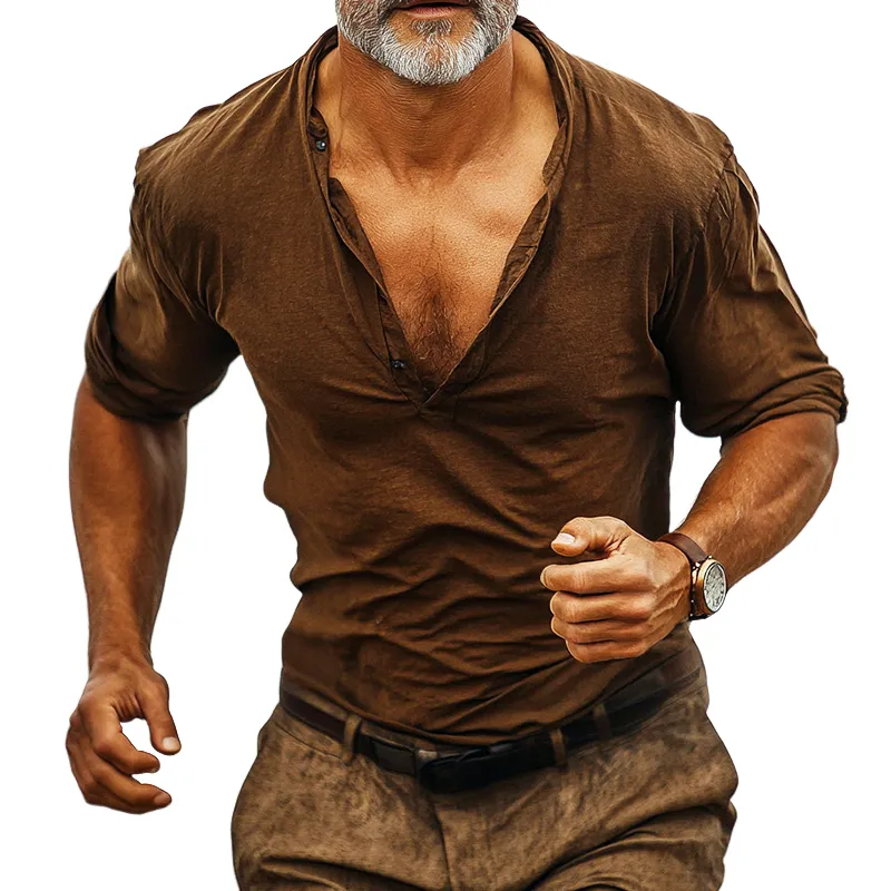 Men's Vintage Casual Printed Linen Henley Collar Long Sleeve Shirt 18807328TO sold by Manly