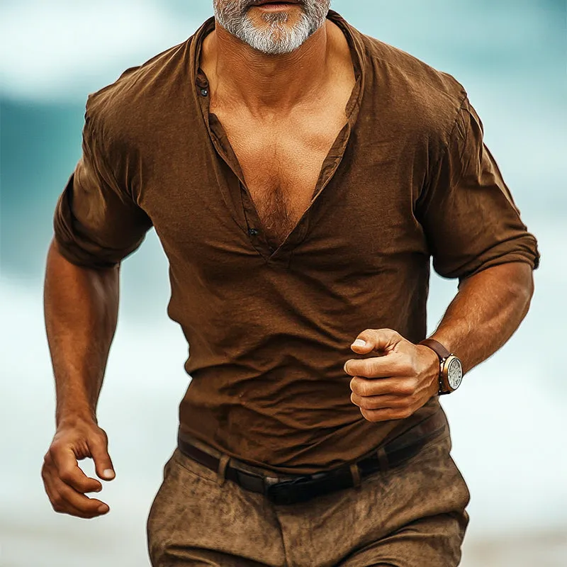 Men's Vintage Casual Printed Linen Henley Collar Long Sleeve Shirt 18807328TO sold by Manly product image thumbnail 2