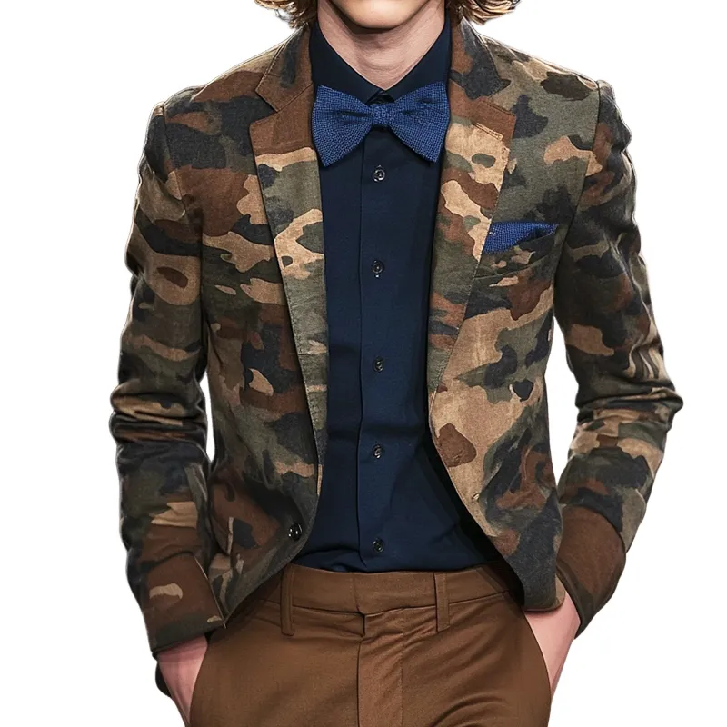 Men's Vintage Casual Camouflage Print Linen Blazer 29690172TO sold by Manly