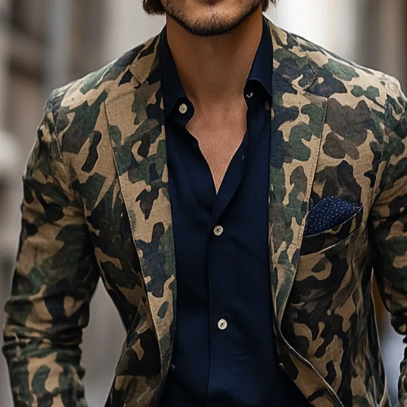 Men's Vintage Casual Camouflage Print Linen Blazer 94493813TO sold by Manly product image thumbnail 3