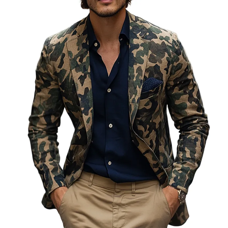 Men's Vintage Casual Camouflage Print Linen Blazer 94493813TO sold by Manly