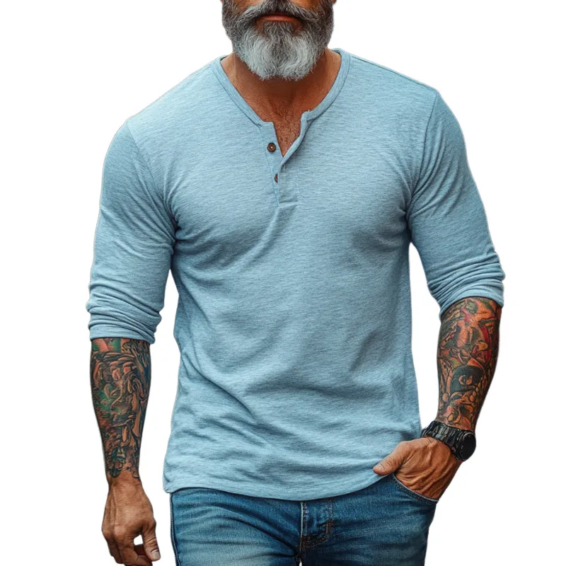 Men's Retro Casual Simple Street Henley Collar Long Sleeve T-Shirt 13073025TO sold by Manly