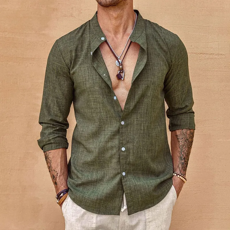 Men's Retro Casual Solid Color Linen Stand Collar Long Sleeve Shirt 95840755TO sold by Manly product image thumbnail 2