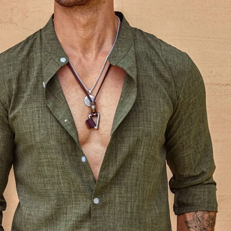 Men's Retro Casual Solid Color Linen Stand Collar Long Sleeve Shirt 95840755TO sold by Manly product image thumbnail 3