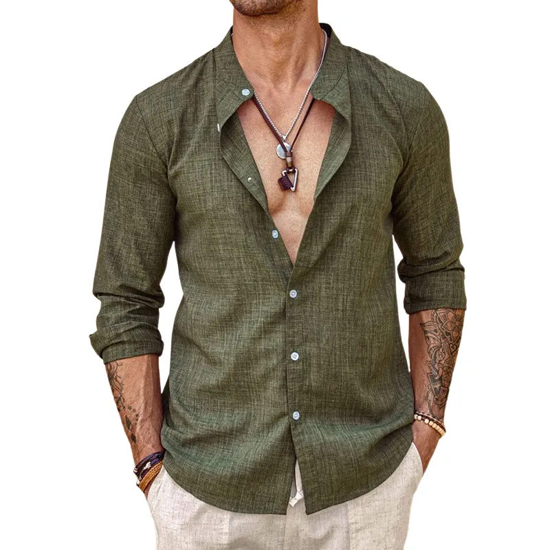 Men's Retro Casual Solid Color Linen Stand Collar Long Sleeve Shirt 95840755TO sold by Manly